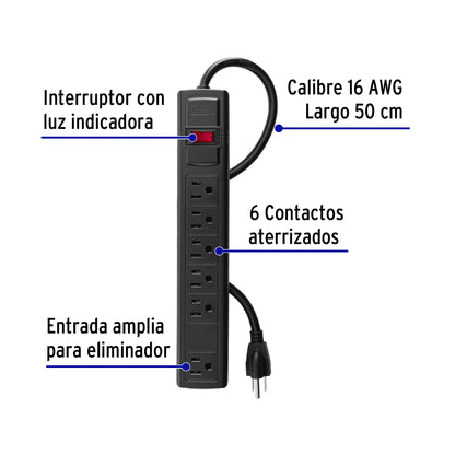 Multicontacto 16 AWG doméstico con 6 entradas, negro Volteck | MUL-6N | 49859