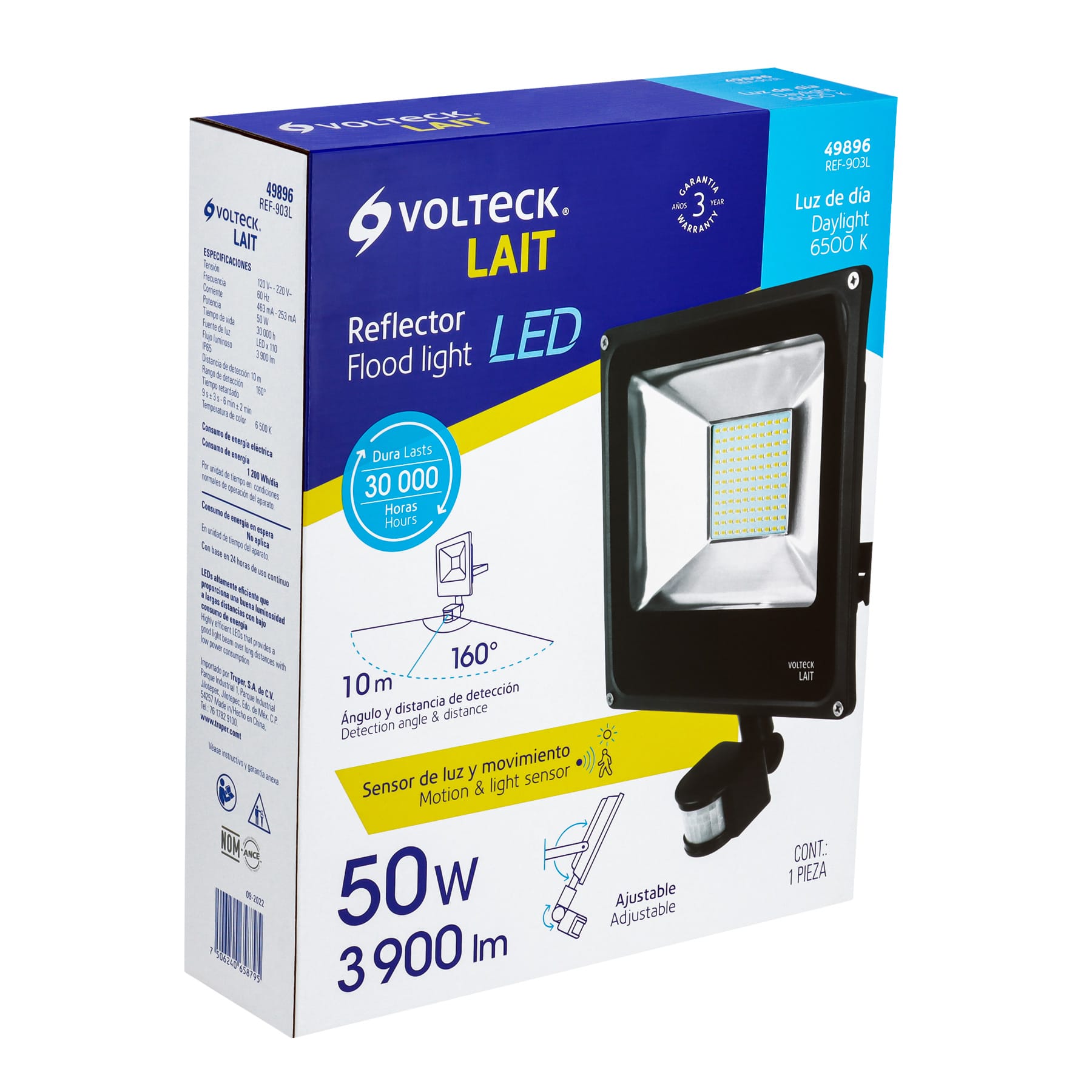 Reflector LED para exteriores 50W 6500K con sensor, VOLTECK | REF-903L | 49896