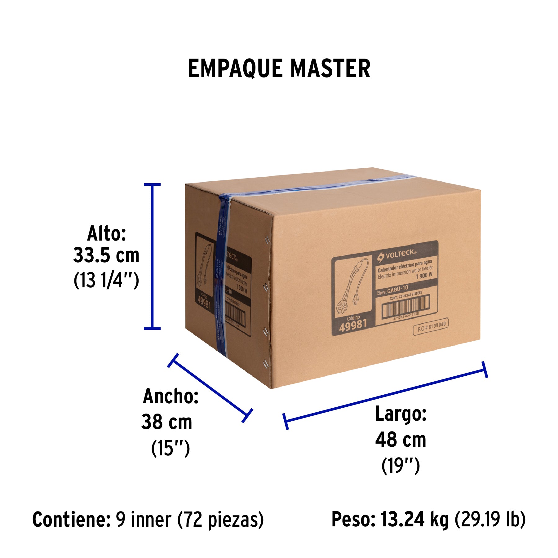 Calentador de inmersión p/agua #10 de 38 L, 1900 W, Volteck | CAGU-10 | 49981