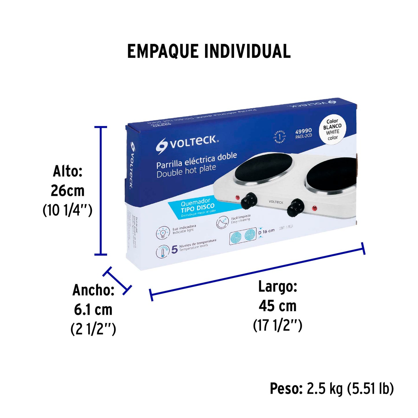 Parrilla eléctrica 2 quemadores de disco, blanca, VOLTECK | PAEL-2CD | 49990