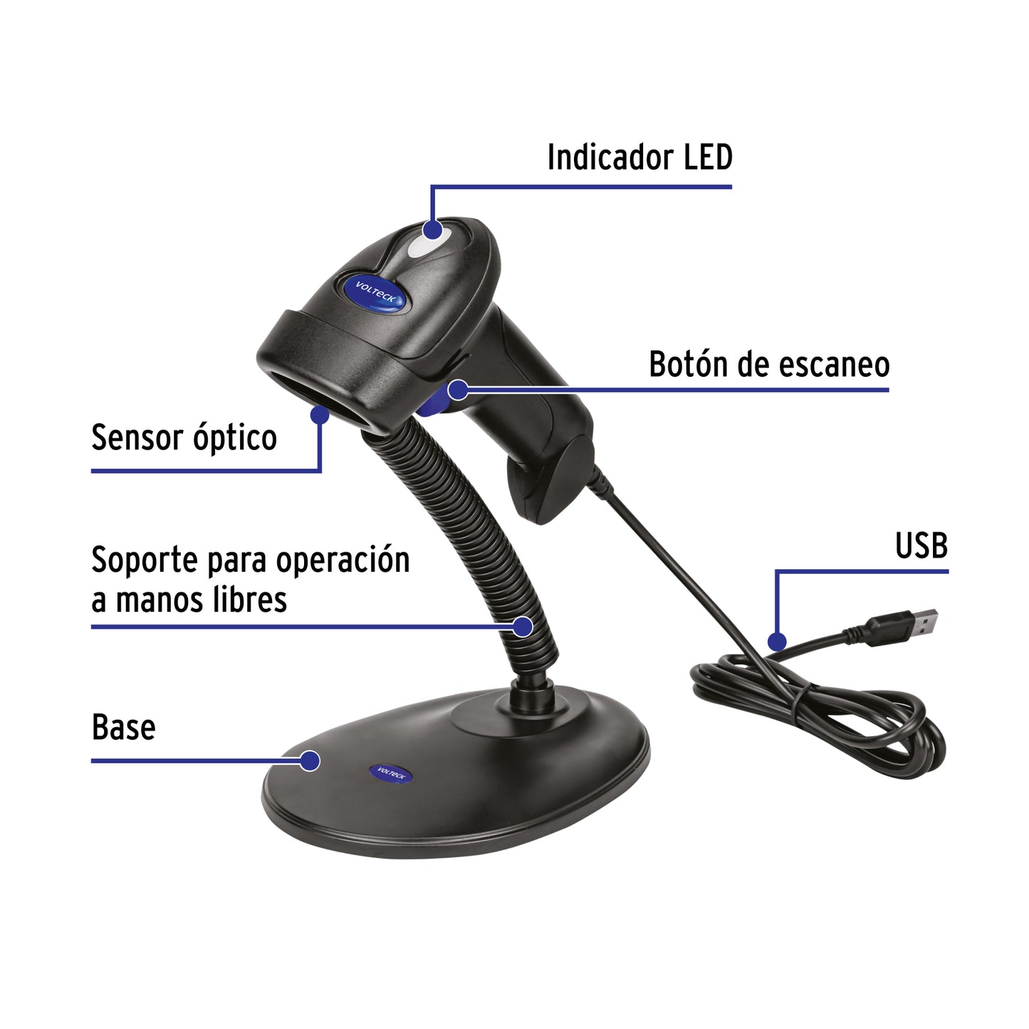 Lector de código de barras 2D, alámbrico, USB, VOLTECK | PDV-12L | 44195