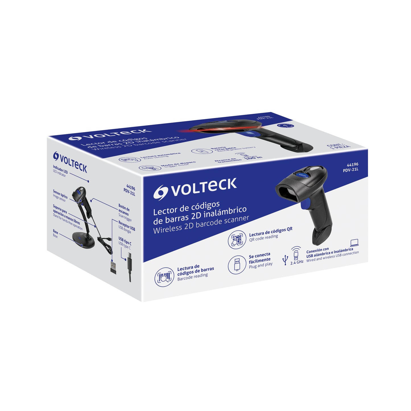 Lector de código de barras 2D, inalámbrico, VOLTECK | PDV-21L | 44196