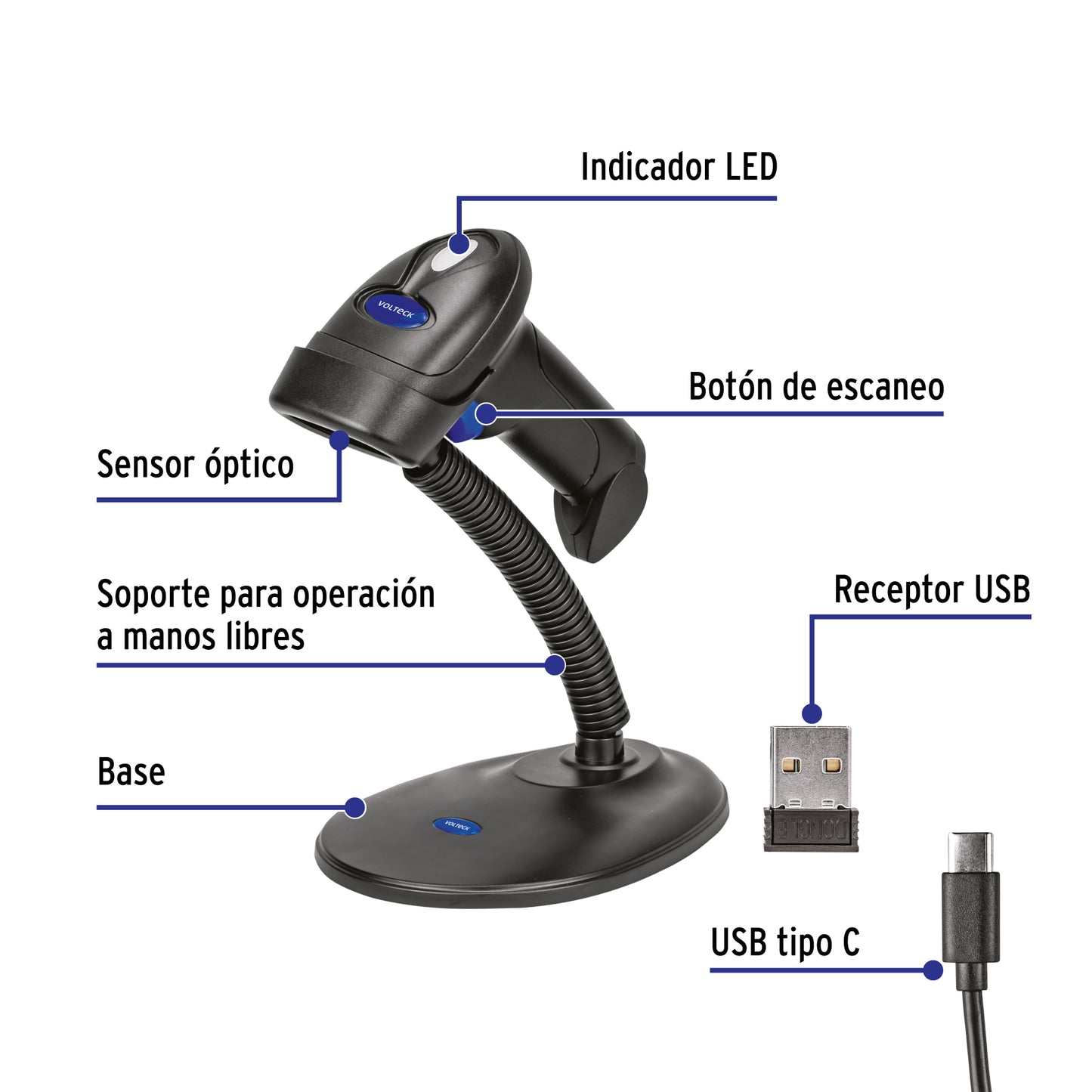 Lector de código de barras 2D, inalámbrico, VOLTECK | PDV-21L | 44196