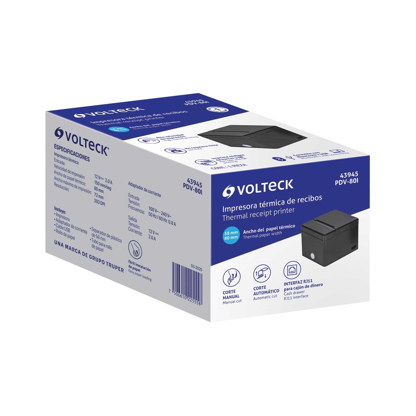Impresora de tickets 58/80mm, USB+BT, autocorte, VOLTECK | PDV-80I | 43945